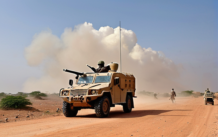**
"A sturdy armored vehicle traverses a dusty Somali landscape. Armed guards stand vigilant. In the background, a local village is visible, showing signs of daily life, yet a sense of caution prevails. The sky is a mix of clear blue and distant dust clouds. Emphasize safety, vigilance, and cultural awareness. High quality, realistic."
**