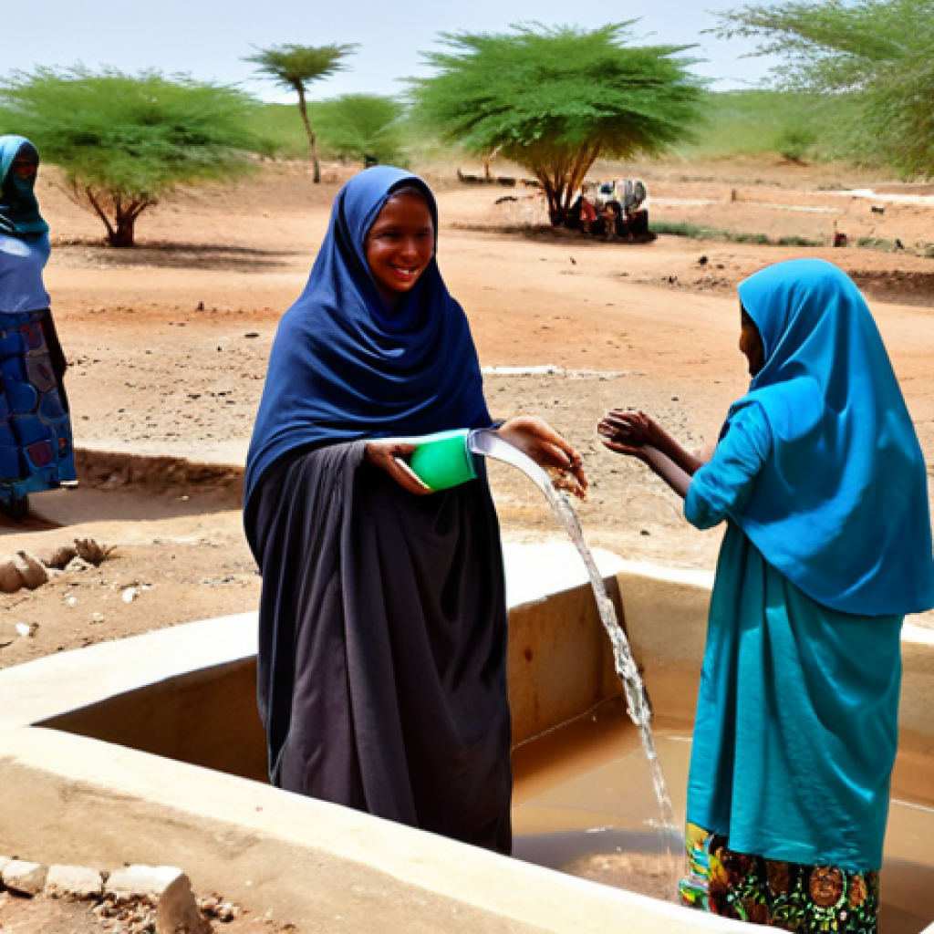 Improving Water Access**

"A group of fully clothed Somali people, including women and children in modest clothing, gathering clean water from a newly constructed well in a rural village. The well is surrounded by simple, but functional infrastructure. Background shows arid landscape. Focus on community, hope, and progress. Safe for work, appropriate content, family-friendly. Perfect anatomy, correct proportions, natural pose, well-formed hands, proper finger count, natural body proportions, professional photography, high quality."

**