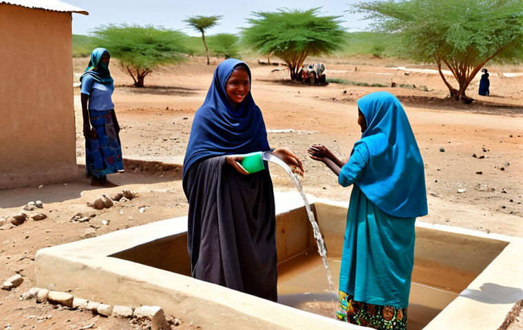 Improving Water Access**

"A group of fully clothed Somali people, including women and children in modest clothing, gathering clean water from a newly constructed well in a rural village. The well is surrounded by simple, but functional infrastructure. Background shows arid landscape. Focus on community, hope, and progress. Safe for work, appropriate content, family-friendly. Perfect anatomy, correct proportions, natural pose, well-formed hands, proper finger count, natural body proportions, professional photography, high quality."

**
