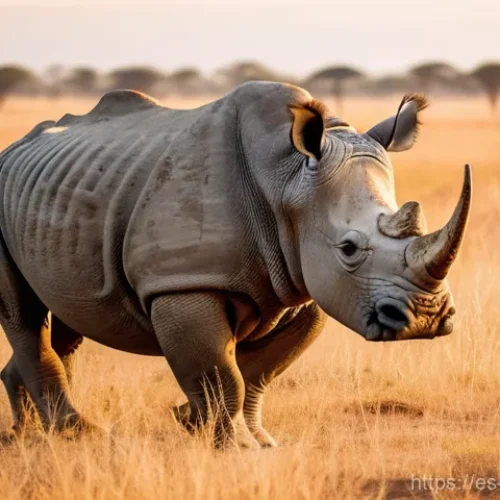 Home 14 소말리아의 코뿔소 보호 운동 - A majestic, adult white rhinoceros stands alert in the vast, sun-drenched African savanna at dawn. I...