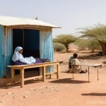 Home 7 소말리아의 보건 시스템 - "A weathered, makeshift medical clinic in a remote, arid region of Somalia. The structure is simple,...