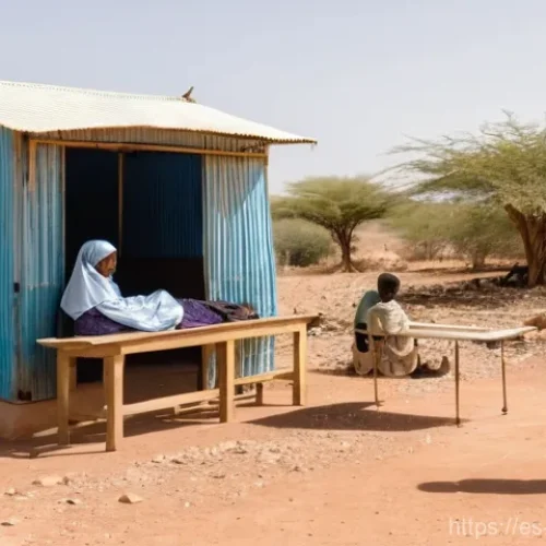 Home 1 소말리아의 보건 시스템 - "A weathered, makeshift medical clinic in a remote, arid region of Somalia. The structure is simple,...