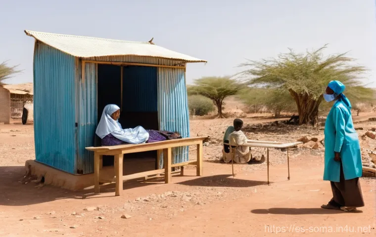 소말리아의 보건 시스템 - "A weathered, makeshift medical clinic in a remote, arid region of Somalia. The structure is simple,...