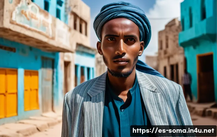 소말리아의 유명 배우 - A portrait of a Somali actor in traditional Mogadishu street setting, wearing modest modern clothing...