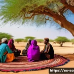 Home 22 소말리아 부족 분포와 특성 - A vibrant traditional Somali clan gathering in a semi-arid landscape, featuring elders and leaders d...