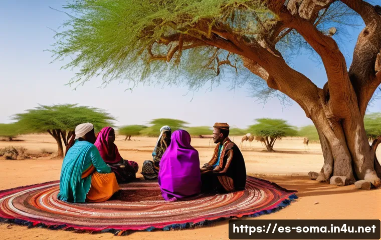소말리아 부족 분포와 특성 - A vibrant traditional Somali clan gathering in a semi-arid landscape, featuring elders and leaders d...