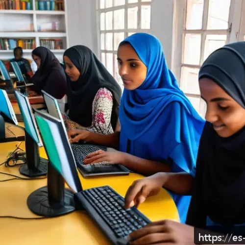Home 33 소말리아의 도서관 현황 - A modern Somali urban library computer center in Mogadishu, featuring diverse young adults and teena...