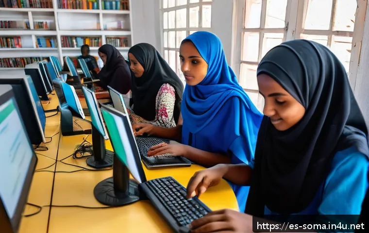 소말리아의 도서관 현황 - A modern Somali urban library computer center in Mogadishu, featuring diverse young adults and teena...
