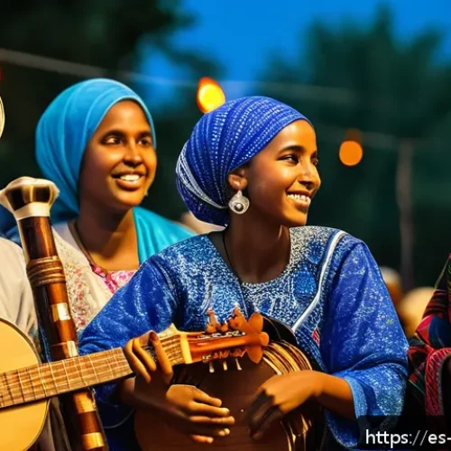Home 32 소말리아의 유명한 축제 - A vibrant Somali cultural festival scene featuring young musicians passionately playing traditional ...