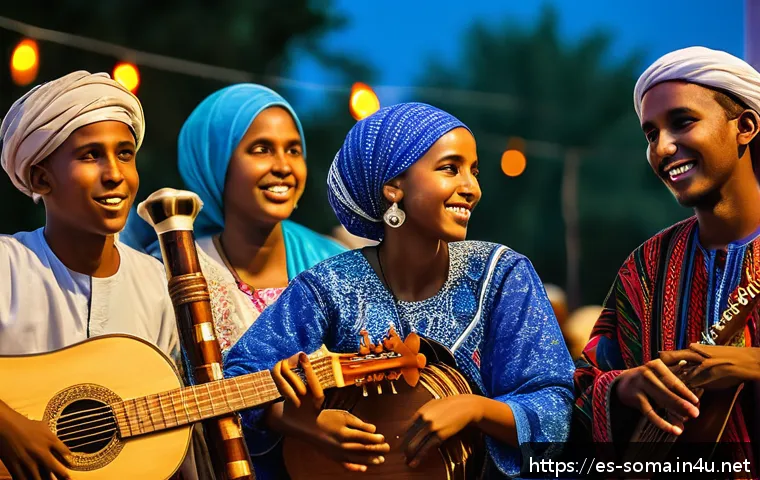 소말리아의 유명한 축제 - A vibrant Somali cultural festival scene featuring young musicians passionately playing traditional ...