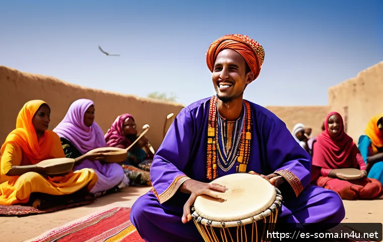 소말리아 전통 음악과 춤 - A vibrant Somali traditional music scene featuring a skilled musician playing the oud, a deep and me...