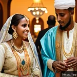 Home 18 소말리아 전통 결혼식 - A vibrant Somali wedding scene capturing the bride and groom dressed in traditional attire: the brid...