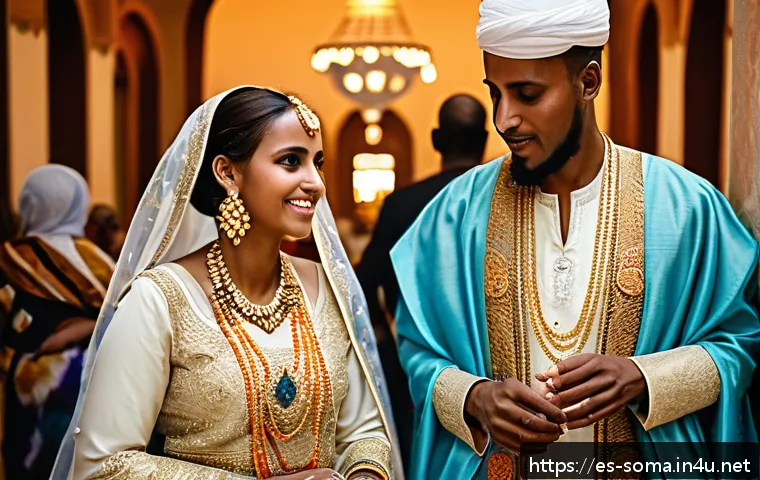 소말리아 전통 결혼식 - A vibrant Somali wedding scene capturing the bride and groom dressed in traditional attire: the brid...