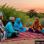 Home 23 소말리아의 철학적 사상 - A vibrant Somali community gathering in a traditional outdoor setting at sunset, featuring men and w...