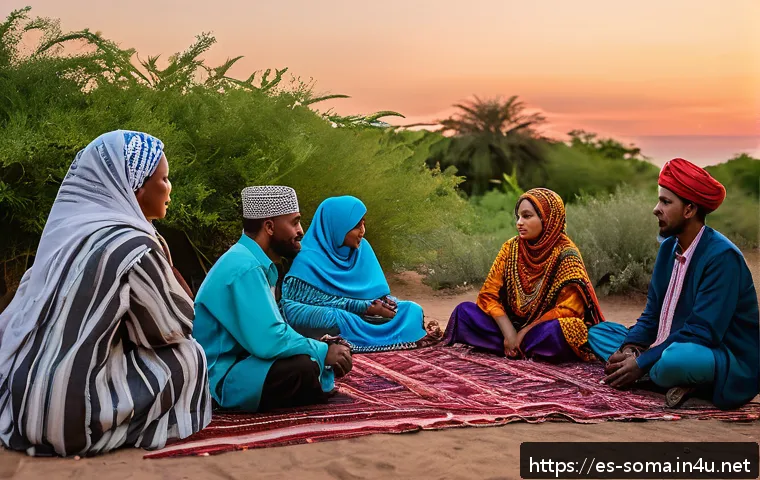 소말리아의 철학적 사상 - A vibrant Somali community gathering in a traditional outdoor setting at sunset, featuring men and w...