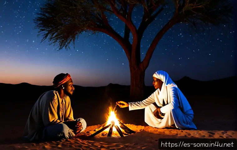 Home 17 소말리아의 신화와 이야기 - Photorealistic Somali myth storytelling scene at twilight, a respected Somali elder in traditional f...