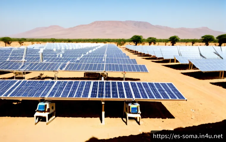 Home 17 소말리아의 자원 개발 - Photorealistic wide-angle view of a modern solar energy development site in semi-arid Somalia, rows ...
