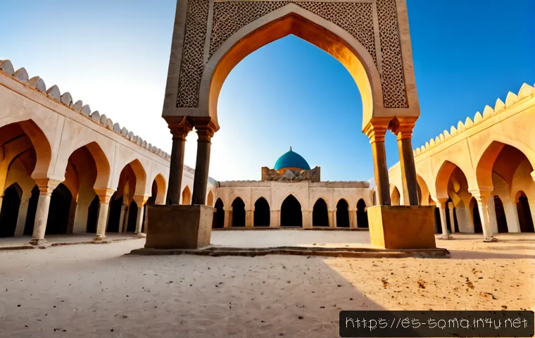 Home 17 소말리아의 역사적 명소 - Photorealistic sunrise view of the ancient Arba’a Rukun Mosque in Mogadishu, Somalia, weathered cora...
